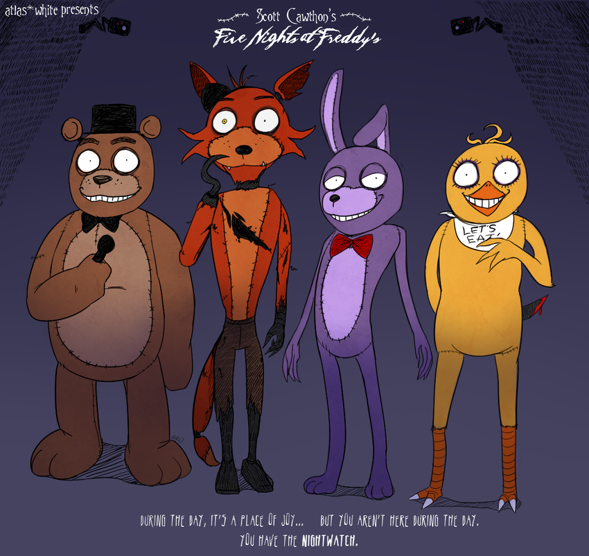 animatronic anthro atlas-white avian bear bib bird bonnie_(fnaf) bow_(feature) bow_tie canid canine chica_(fnaf) chicken clothing electronics english_text exposed_endoskeleton eye_patch eyewear female five_nights_at_freddy's fox foxy_(fnaf) freddy_(fnaf) galliform gallus_(genus) group hat headgear headwear hook hook_hand lagomorph leporid machine male mammal microphone phasianid pirate rabbit robot scottgames text top_hat yellow_eyes