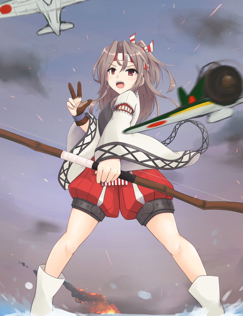 aircraft airplane bow_(weapon) brown_eyes brown_hair commentary_request female gloves hachimaki hair_ribbon headband high_ponytail highres holding holding_bow_(weapon) holding_weapon japanese_clothes kantai_collection kodama_(mmt_uf) light_brown_hair long_hair muneate partially_fingerless_gloves ribbon single_glove solo standing standing_on_liquid weapon yugake zuihou_(kancolle) zuihou_kai_ni_(kancolle)