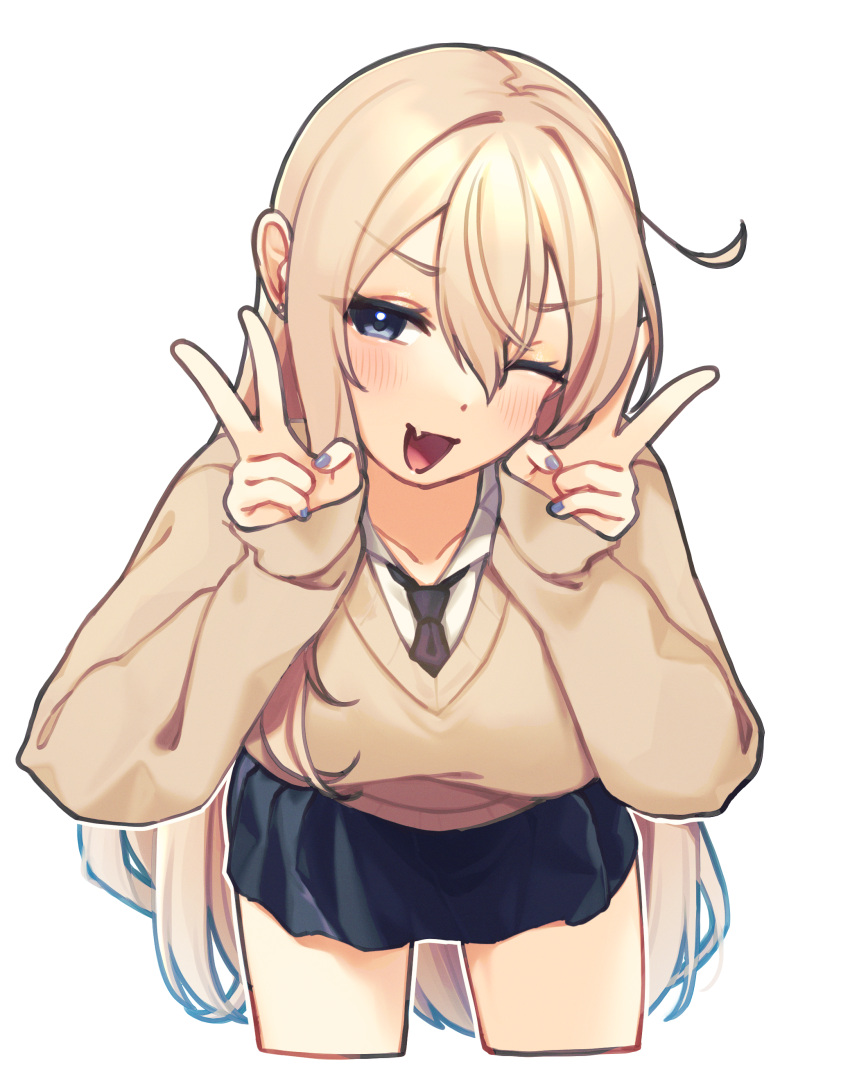 :d absurdres black_necktie black_skirt blonde_hair blue_eyes blue_nails blush brown_sweater collarbone collared_shirt cropped_legs double_v eyelashes female gyaru hair_between_eyes half-closed_eye hands_up head_tilt highres leaning_forward long_hair long_sleeves looking_at_viewer miniskirt nail_polish necktie oerba_yun_fang one_eye_closed open_mouth original pleated_skirt shirt side_ahoge simple_background single_sidelock skin_fang skirt sleeves_past_wrists smile solo straight_hair suimei333 sweater v v-shaped_eyebrows very_long_hair white_background white_shirt