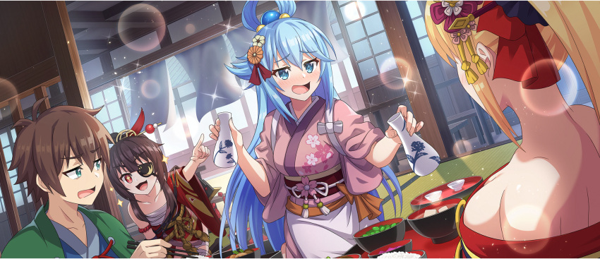 1boy 3girls :d alcohol apron aqua_(konosuba) bare_shoulders blonde_hair blue_eyes blue_hair blush bowl breasts cleavage darkness_(konosuba) drink drunk floral_print floral_print_kimono flower food from_behind game_cg hair_flower hair_ornament highres holding holding_drink izakaya japanese_clothes kanzashi kimono kneeling kono_subarashii_sekai_ni_shukufuku_wo! konosuba_fantastic_days large_breasts long_hair megumin multiple_girls nakai_(waitress) nose_blush obi obidome obijime official_alternate_costume official_art open_mouth pink_kimono print_kimono ryokan sake sash satou_kazuma seiza single_hair_ring sitting smile tasuki tatami tokkuri tsumami_kanzashi waist_apron waitress