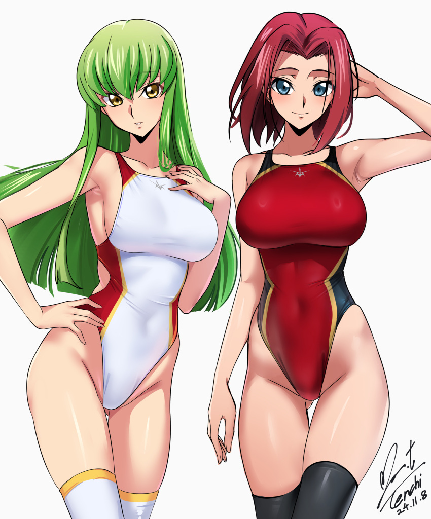 absurdres arm_at_side arm_behind_head arm_up armpits ass_visible_through_thighs bare_arms bare_shoulders black_thighhighs blue_eyes blush bob_cut breasts c.c. closed_mouth code_geass commentary_request competition_swimsuit covered_navel cowboy_shot dated green_hair groin hair_intakes hand_on_own_hip highleg highleg_one-piece_swimsuit highres kouzuki_kallen large_breasts long_hair looking_at_viewer one-piece_swimsuit red_hair red_one-piece_swimsuit short_hair sidelocks signature simple_background smile standing swimsuit thigh_gap thighhighs white_background white_one-piece_swimsuit white_thighhighs yellow_eyes yoo_tenchi