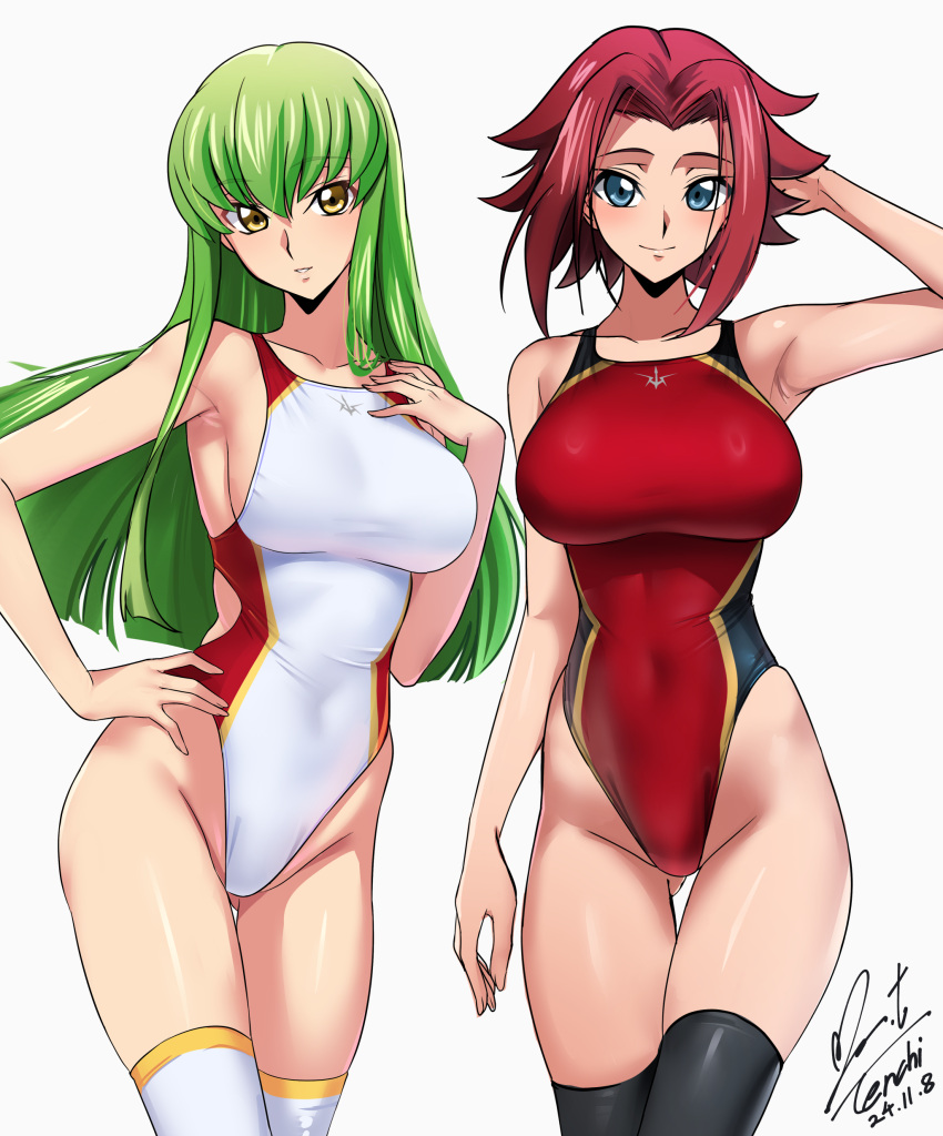 2girls absurdres arm_at_side arm_behind_head arm_up armpits ass_visible_through_thighs bare_arms bare_shoulders black_thighhighs blue_eyes blush breasts c.c. closed_mouth code_geass commentary_request competition_swimsuit covered_navel cowboy_shot dated flipped_hair green_hair groin hair_intakes hand_on_own_hip highleg highleg_one-piece_swimsuit highres kouzuki_kallen large_breasts long_hair looking_at_viewer multiple_girls one-piece_swimsuit red_hair red_one-piece_swimsuit short_hair sidelocks signature simple_background smile standing swimsuit thigh_gap thighhighs white_background white_one-piece_swimsuit white_thighhighs yellow_eyes yoo_tenchi