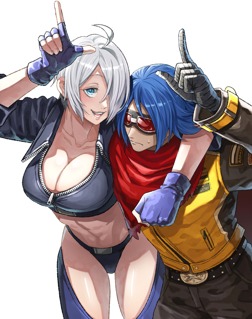 1boy absurdres angel_(kof) blue_eyes blue_hair breasts cape chaps cleavage commentary female fingerless_gloves gloves goggles highres horns_pose jacket k9999 krohnen red-tinted_eyewear red_cape simple_background sweatdrop the_king_of_fighters the_king_of_fighters_xv tinted_eyewear toned_female torn_cape torn_clothes user_jmzg2528 white_background white_hair yellow_jacket