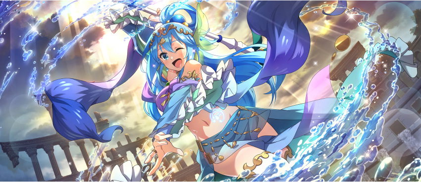 ;d animal_ears aqua_(konosuba) aqua_sleeves arm_up bare_shoulders bell_sleeves blue_eyes blue_hair blue_sleeves bra breasts circlet cloud cloudy_sky detached_sleeves earrings female fins frilled_sleeves frills from_below game_cg gem green_gemstone grey_sky groin head_fins highres holding holding_scepter hydrokinesis jewelry kono_subarashii_sekai_ni_shukufuku_wo! konosuba_fantastic_days large_breasts leg_up light_rays long_hair looking_at_viewer looking_down midriff navel neck_ring necklace official_alternate_costume official_art one_eye_closed outstretched_arm pelvic_curtain purple_bra ruins scepter single_hair_ring sky sleeves_past_wrists smile solo stomach stomach_tattoo sunbeam sunlight tattoo thighhighs two-tone_sleeves underwear w water white_thighhighs