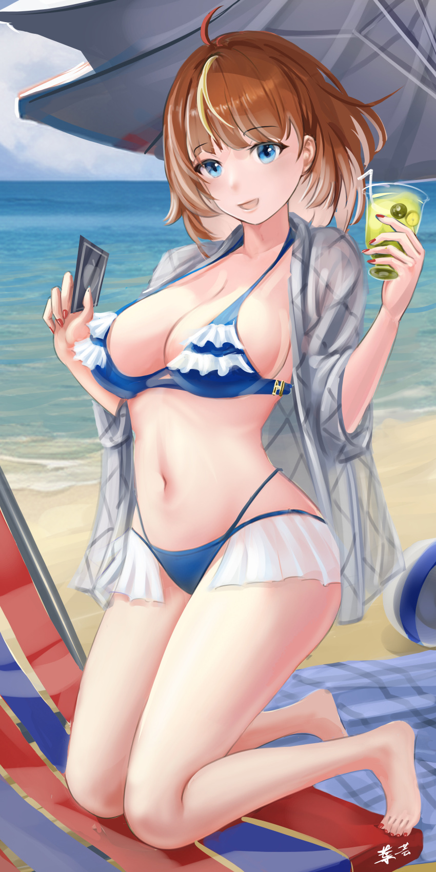 :d absurdres ahoge argyle_clothes argyle_jacket ball bare_legs barefoot beach beach_towel beachball bikini blue_bikini blue_eyes breasts brown_hair card cleavage colored_inner_hair day drink drinking_straw female frilled_bikini frills full_body grey_jacket halterneck hands_up highres holding holding_card holding_drink horizon jacket kneeling large_breasts light_brown_hair looking_at_viewer medium_hair multi-strapped_bikini_bottom multicolored_hair nail_polish navel ocean open_clothes open_jacket open_mouth original outdoors parasol red_nails see-through_clothes see-through_jacket smile solo stomach streaked_hair string_bikini swept_bangs swimsuit toenail_polish toenails towel umbrella yiyao