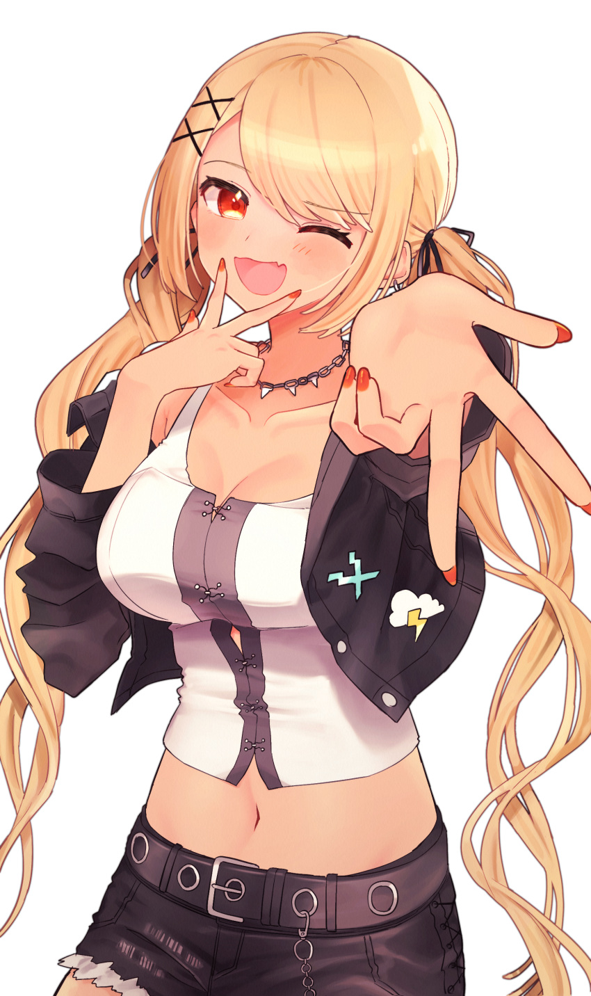 absurdres asatsuki933 belt black_belt black_jacket black_ribbon black_shorts blonde_hair breasts chain_necklace chains cleavage cowboy_shot crop_top cropped_jacket dark_skin denim denim_shorts female gyaru hair_ornament hair_ribbon highres jacket jewelry kaminari_qpi kaminari_qpi_(3rd_costume) kogal light_blush long_sleeves looking_at_viewer low_twintails midriff navel necklace one_eye_closed open_mouth parted_lips red_eyes red_nails ribbon shorts simple_background solo spiked_necklace tan tank_top twintails v_over_mouth virtual_youtuber vspo! white_background x_hair_ornament