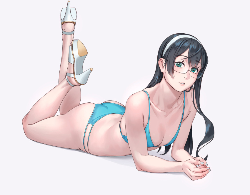 alternate_costume ass bikini black_hair blue_bikini blue_eyes blush breasts commentary_request female hairband high_heels highres kantai_collection legs_up light_smile lying on_stomach ooyodo_(kancolle) parted_lips rimless_eyewear semi-rimless_eyewear simple_background small_breasts smile solo swimsuit the_pose under-rim_eyewear white_background white_footwear white_hairband yuuji_(and)