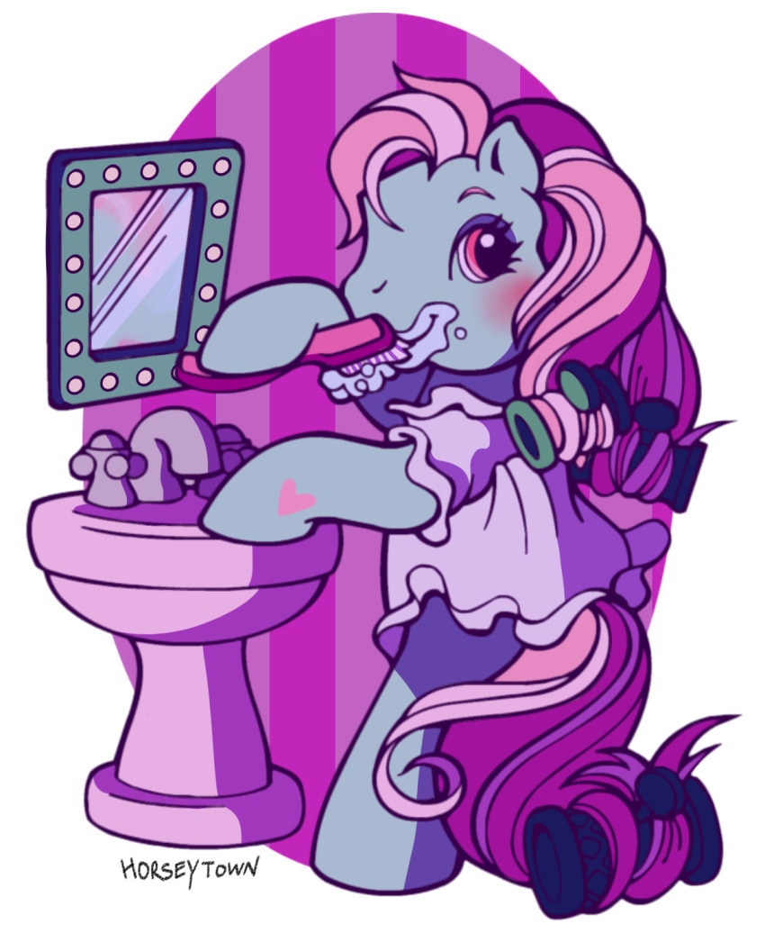 2021 alpha_channel artist_name bathroom blue_body blue_fur blue_hooves blush brush brushing brushing_teeth clothing colored digital_drawing_(artwork) digital_media_(artwork) dress earth_pony english_description equid equine eyebrows eyelashes faucet female female_feral feral fur greengrizz hair_curlers hasbro heart_(marking) hi_res holding_brush holding_object holding_toothbrush hooves horse inside long_mane long_tail mammal mane markings meme minty_(mlp_g3) mirror mlp_g3 multicolored_mane my_little_pony on_hind_legs pink_eyebrows pink_eyes pink_tail pony pre-g4 purple_clothing purple_dress quadruped shaded simple_shading solo tail toothbrush two_tone_mane two_tone_tail unguligrade