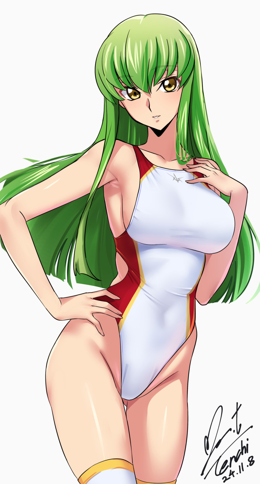 breasts c.c. code_geass competition_swimsuit dated female green_hair hand_on_own_hip highleg highleg_one-piece_swimsuit highres large_breasts long_hair one-piece_swimsuit signature simple_background solo swimsuit thigh_gap thighhighs white_background white_one-piece_swimsuit white_thighhighs yellow_eyes yoo_tenchi