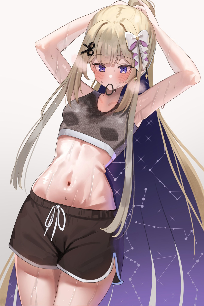 amanogawa_shiina armpits blonde_hair blush bow colored_inner_hair commentary commission dolphin_shorts english_commentary female hair_tie_in_mouth hairbow highres long_hair madai_(mappy) midriff mouth_hold multicolored_hair navel phase_connect ponytail purple_eyes purple_hair scissors_hair_ornament second-party_source shorts solo sports_bra sweat tying_hair very_long_hair very_sweaty virtual_youtuber white_bow