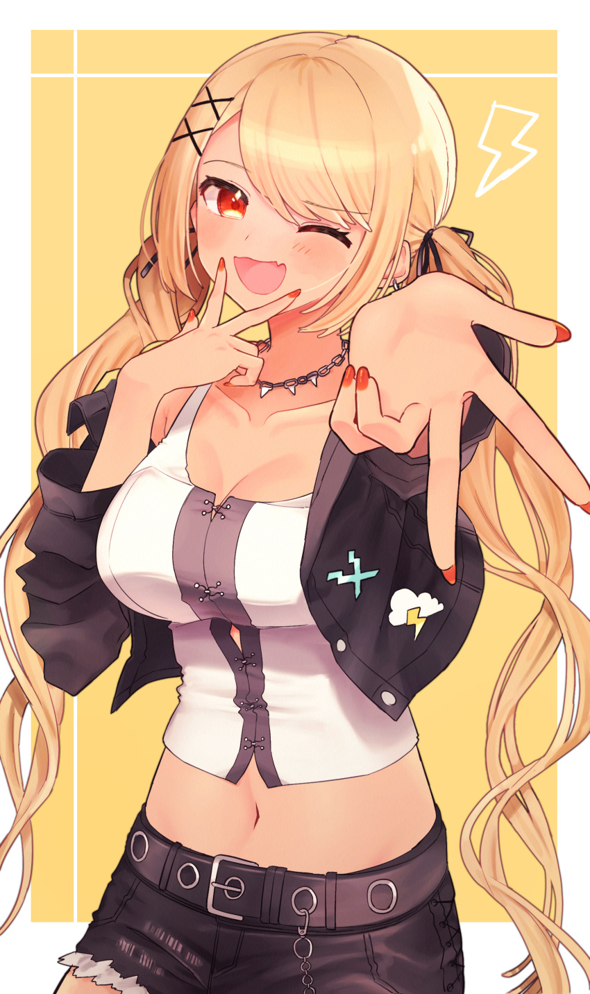 absurdres asatsuki933 belt black_belt black_jacket black_ribbon black_shorts blonde_hair breasts chain_necklace chains cleavage cowboy_shot crop_top cropped_jacket dark_skin denim denim_shorts female gyaru hair_ornament hair_ribbon highres jacket jewelry kaminari_qpi kaminari_qpi_(3rd_costume) kogal light_blush long_sleeves looking_at_viewer low_twintails midriff navel necklace one_eye_closed open_mouth parted_lips red_eyes red_nails ribbon shorts solo spiked_necklace tan tank_top twintails v_over_mouth virtual_youtuber vspo! x_hair_ornament yellow_background