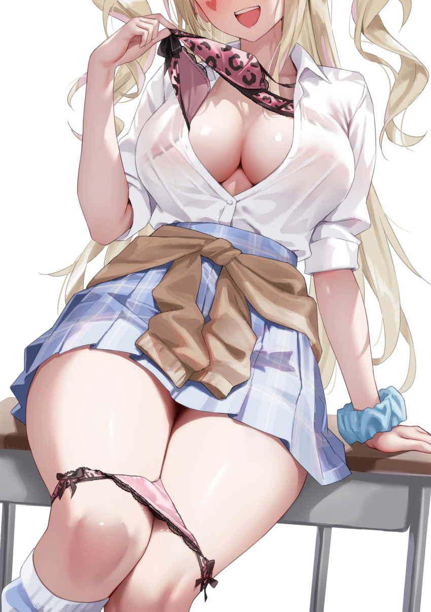 absurdres animal_print azur_lane blonde_hair blue_skirt bra bra_pull breasts brown_cardigan cardigan cardigan_around_waist classic_(zildjian33) clothes_around_waist clothes_pull commentary_request desk female guam_(azur_lane) gyaru head_out_of_frame highres large_breasts leopard_print long_hair on_desk open_bra open_mouth paid_reward_available panties pink_bra pink_panties print_bra print_panties pulling_own_clothes school_desk scrunchie shirt skirt smile solo teeth underwear upper_teeth_only white_shirt