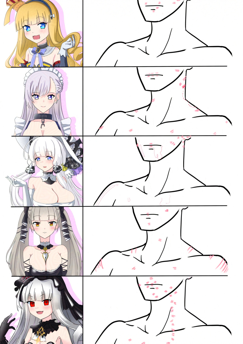 5girls absurdres azur_lane bare_shoulders belfast_(azur_lane) between_breasts black_dress black_gloves black_hairband black_veil blonde_hair blue_eyes breasts broken broken_chain chains cleavage collarbone crown detached_sleeves dress elbow_gloves formidable_(azur_lane) gloves grey_hair hair_ribbon hairband hat highres huge_breasts illustrious_(azur_lane) lace-trimmed_headwear lace_trim large_breasts long_hair looking_at_viewer maid maid_headdress mini_crown mononokeotoko01 multiple_girls open_mouth purple_eyes queen_elizabeth_(azur_lane) queen_elizabeth_(meta)_(azur_lane) red_eyes ribbon strapless strapless_dress sun_hat tri_tails twintails two-tone_dress veil very_long_hair white_dress white_gloves white_hair white_hat