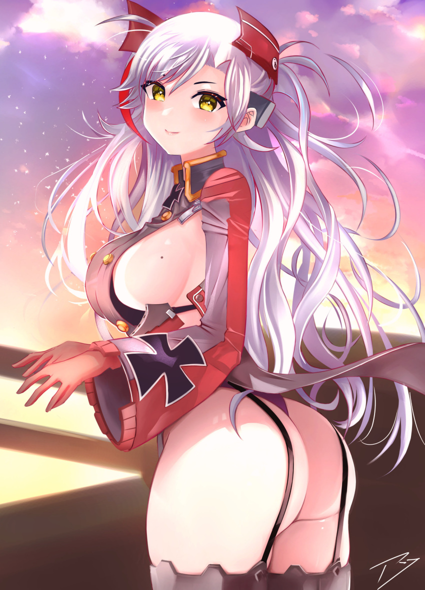 ass azur_lane black_garter_straps black_panties breasts cowboy_shot evening female garter_straps headgear highres large_breasts long_sleeves looking_at_viewer mole mole_on_breast outdoors panties pantyshot prinz_eugen_(azur_lane) red_hair reneg30 sideboob signature solo underwear white_hair yellow_eyes