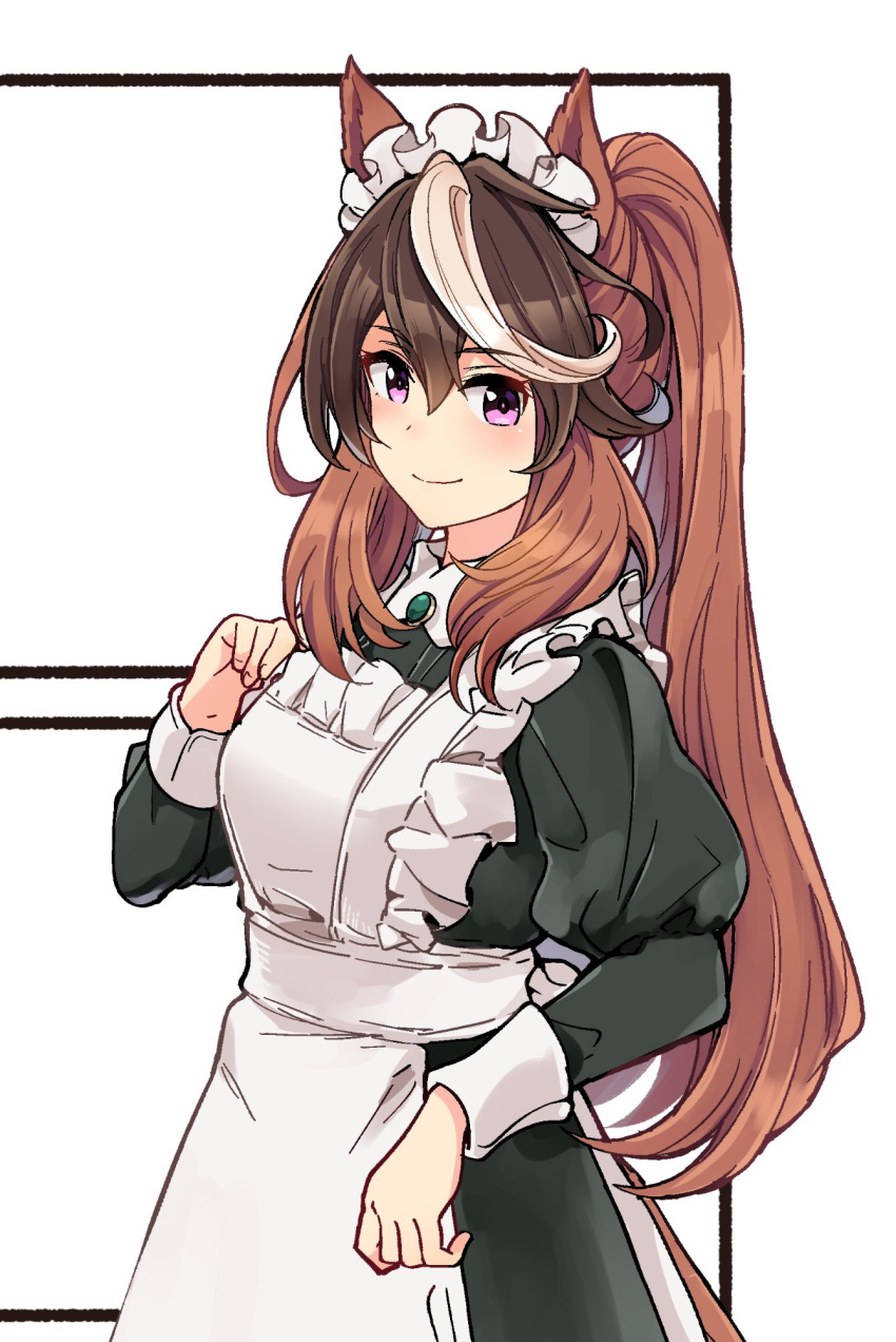 alternate_costume apron black_dress brown_eyes brown_hair cowboy_shot dress enmaided female frilled_apron frills highres ido_(teketeke) long_hair maid maid_headdress multicolored_hair ponytail purple_eyes solo streaked_hair symboli_rudolf_(umamusume) umamusume white_apron white_hair