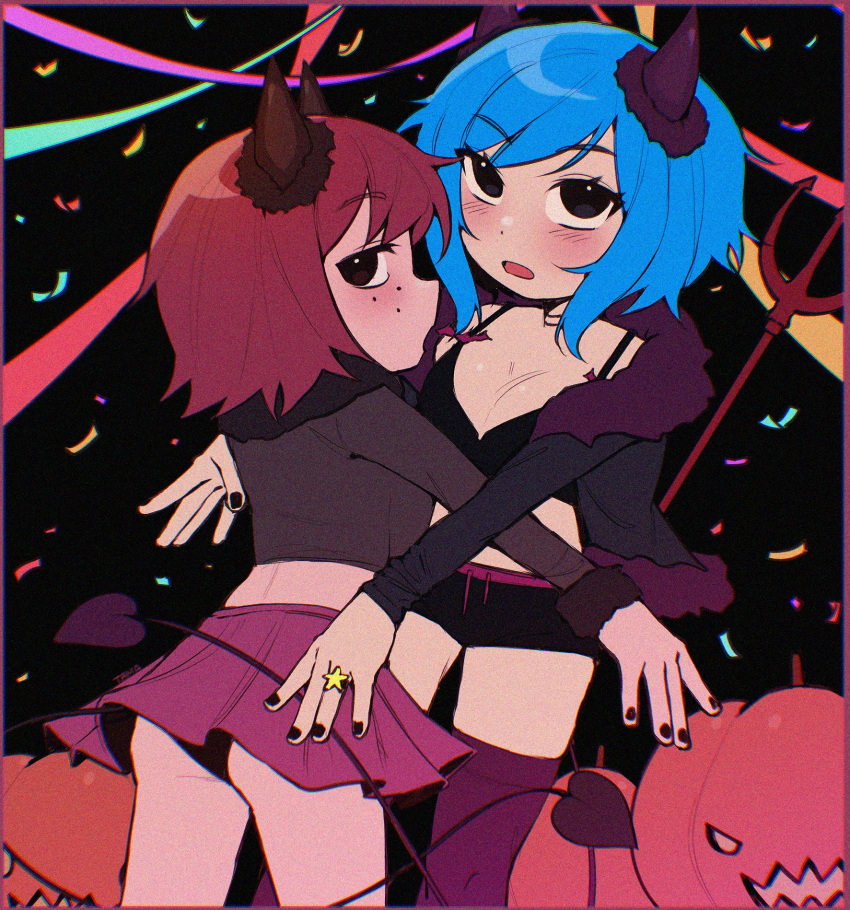 2girls ass black_bra black_eyes black_jacket black_panties black_shorts blue_hair blush bra breast_press breasts cleavage commentary confetti demon_girl demon_horns demon_tail english_commentary existenc3 freckles fur-trimmed_jacket fur_trim halloween highres horns hug jack-o'-lantern jacket kim_pine large_breasts long_sleeves looking_at_viewer medium_breasts midriff multiple_girls open_clothes open_jacket panties petite pink_skirt pitchfork pumpkin purple_thighhighs ramona_flowers red_hair scott_pilgrim_(comics) scott_pilgrim_(series) short_hair shorts skirt standing tail thighhighs underwear yuri