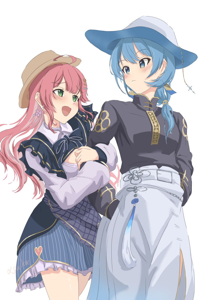 2girls absurdres arm_between_breasts asuka_panda777 between_breasts blue_eyes blue_hair blush breasts dress earrings flower_earrings frilled_dress frills green_eyes hat highres hololive hoshimachi_suisei hoshimachi_suisei_(oriental_suit) jewelry locked_arms long_hair long_sleeves looking_at_another miniskirt multiple_girls official_alternate_costume pink_hair sakura_miko sakura_miko_(street) side_slit skirt small_breasts virtual_youtuber white_background yuri