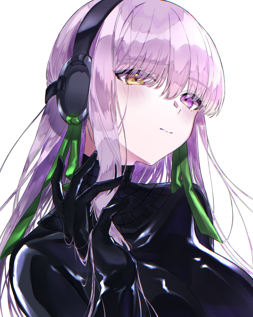 absurdres black_bodysuit black_gloves blush bodysuit breasts elbow_gloves fate/grand_order fate_(series) female giant giantess gimp_suit gloves green_ribbons hair_ribbon hairband heterochromia highres kingprotea_(fate) large_breasts latex latex_bodysuit long_hair looking_at_viewer purple_eyes purple_hair ribbon shidare_yanagi solo very_long_hair xochitonal_(fate) yellow_eyes