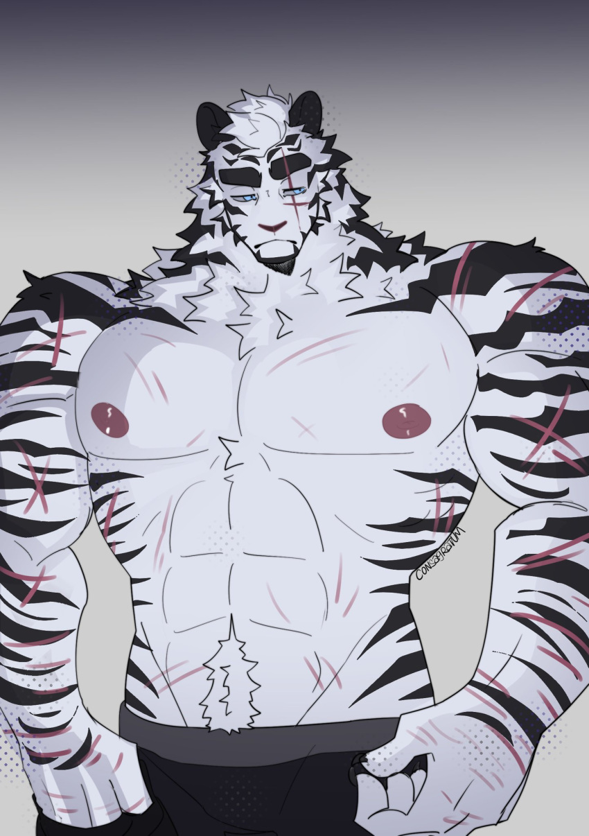 1boy abs arknights artist_name bara black_male_underwear blue_eyes boxers claws consagratum cross_scar english_commentary furry furry_male half-closed_eyes highres male_focus male_underwear mountain_(arknights) multiple_scars muscular muscular_male nipples pectorals scar scar_across_eye scar_across_eyebrow scar_on_arm scar_on_cheek scar_on_chest scar_on_face scar_on_shoulder scar_on_stomach topless_male underwear