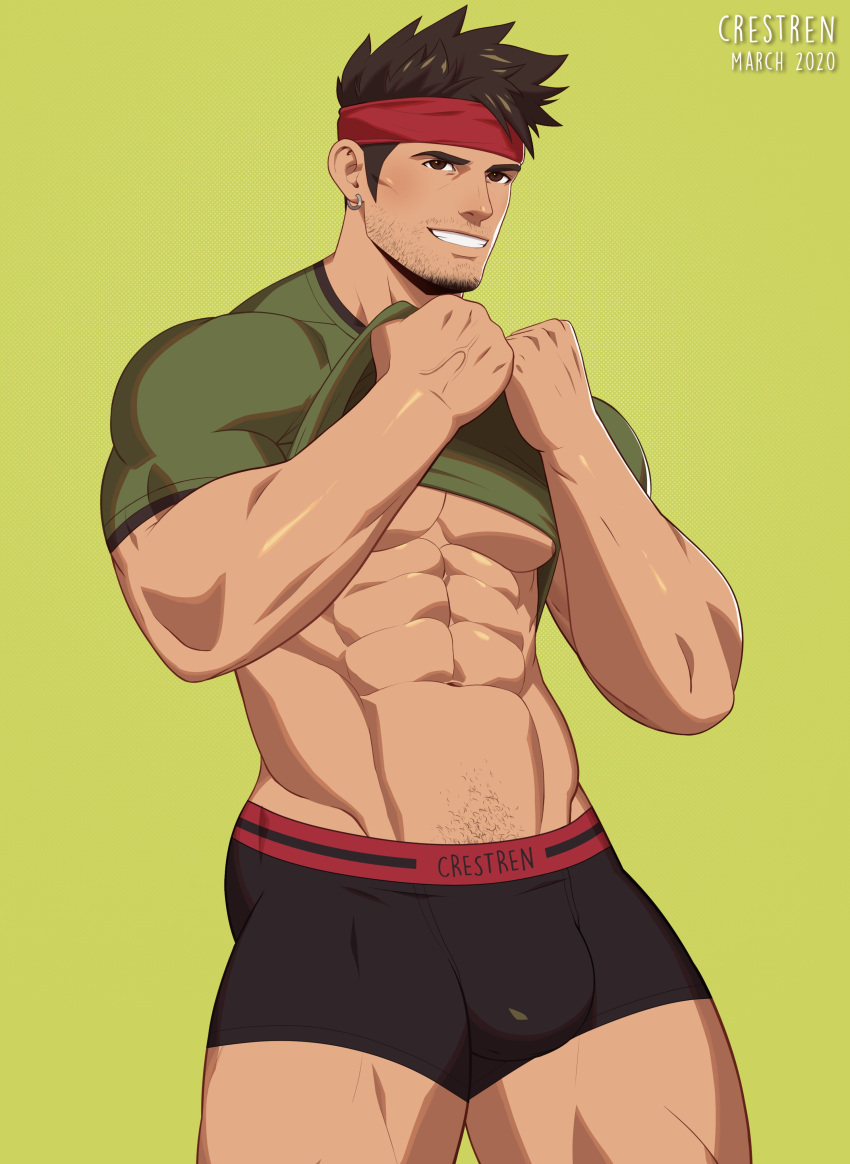 1boy abs absurdres artist_name bara beard_stubble belt biggs_(ff7) black_male_underwear brown_eyes brown_hair bulge clothes_lift crestren dated ear_piercing facial_hair final_fantasy final_fantasy_vii final_fantasy_vii_remake green_background green_shirt grin groin headband highres lifting_own_clothes male_focus male_underwear muscular muscular_male navel piercing red_headband shirt shirt_lift simple_background smile solo spiked_hair standing stubble teeth underwear undressing