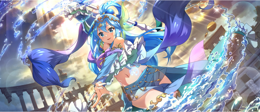 animal_ears aqua_(konosuba) aqua_sleeves arm_up bare_shoulders bell_sleeves blue_eyes blue_hair blue_sleeves bra breasts circlet cloud cloudy_sky detached_sleeves earrings female fins frilled_sleeves frills from_below game_cg gem green_gemstone grey_sky groin head_fins highres holding holding_scepter hydrokinesis jewelry kono_subarashii_sekai_ni_shukufuku_wo! konosuba_fantastic_days large_breasts leg_up light_rays long_hair looking_at_viewer looking_down midriff navel neck_ring necklace official_alternate_costume official_art outstretched_arm parted_lips pelvic_curtain purple_bra ruins scepter single_hair_ring sky sleeves_past_wrists solo stomach stomach_tattoo sunbeam sunlight tattoo thighhighs two-tone_sleeves underwear w water white_thighhighs