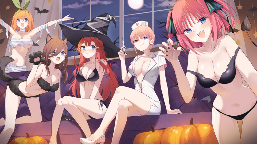 5girls :q absurdres animal_costume animal_ears arm_support bandages bikini black_bikini black_hat black_nails blue_eyes blush breasts brown_hair butterfly_hair_ornament chest_sarashi claw_pose cleavage closed_mouth collarbone commentary couch crossed_legs decorations demon_tail dress full_moon fur_bikini go-toubun_no_hanayome green_ribbons hair_between_eyes hair_ornament hair_ribbon hat highres holding holding_syringe long_hair looking_at_viewer low_wings medium_breasts medium_hair mini_wings moon multiple_girls mummy_costume nakano_ichika nakano_itsuki nakano_miku nakano_nino nakano_yotsuba naked_bandage navel night no_bra nurse nurse_cap oerba_yun_fang on_couch open_mouth orange_hair outstretched_arms pink_hair plunging_neckline profnote pumpkin quintuplets red_eyes ribbon sarashi short_hair short_sleeves siblings side-tie_bikini_bottom sisters sitting smile spread_arms star_(symbol) star_hair_ornament stomach strap_slip swimsuit syringe tail tongue tongue_out two_side_up underboob white_dress white_footwear window wings witch_hat wolf_costume wolf_ears wolf_tail