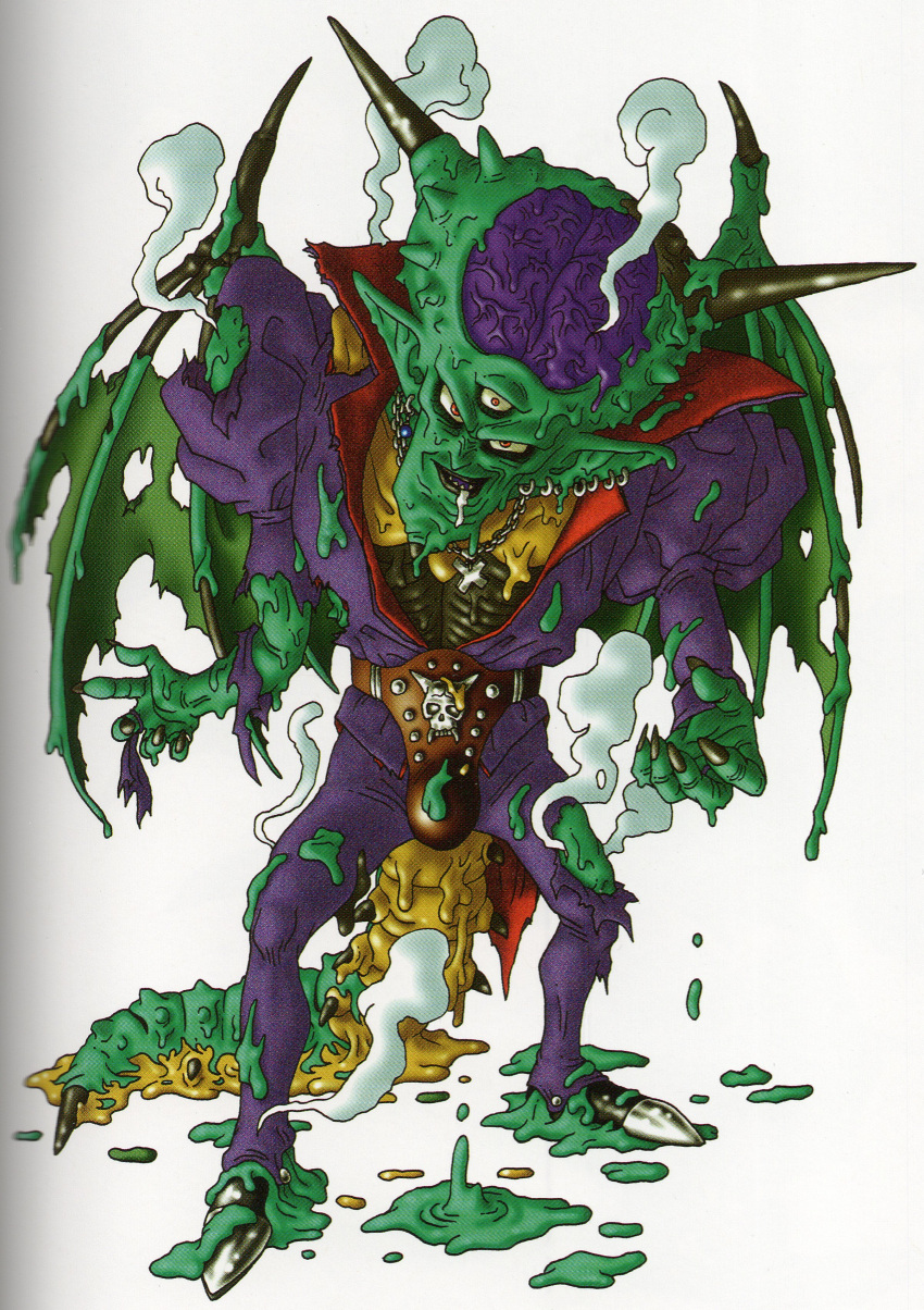 1boy absurdres bat_wings black_nails colored_skin cross cross_necklace dragon_quest dragon_quest_vii drooling earrings exposed_bone exposed_brain fingernails green_skin green_wings guro highres hoop_earrings horns jewelry juliet_sleeves long_sleeves looking_at_viewer male_focus melting multiple_piercings necklace official_art open_mouth orgo_demira pants pointy_ears puffy_sleeves purple_pants red_eyes scan sharp_fingernails silver_earrings solo spiked_tail tail third-party_source toriyama_akira torn_clothes torn_wings triclops white_background wings