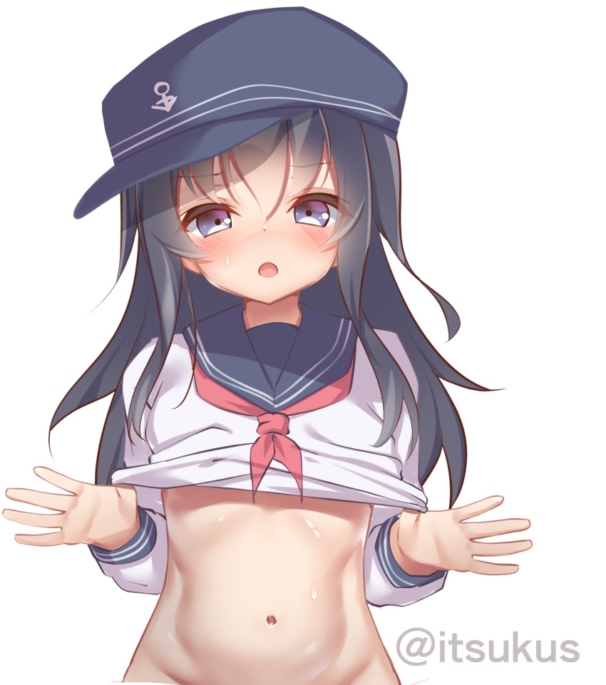 akatsuki_(kancolle) black_hair black_hat black_sailor_collar clothes_lift female flat_cap gradient_background groin hat highres kantai_collection lifting_own_clothes long_hair long_sleeves looking_at_viewer miyajima_(anthem-anthem) navel neckerchief one-hour_drawing_challenge open_mouth out-of-frame_censoring red_neckerchief sailor_collar school_uniform serafuku shirt_lift simple_background solo twitter_username upper_body white_background