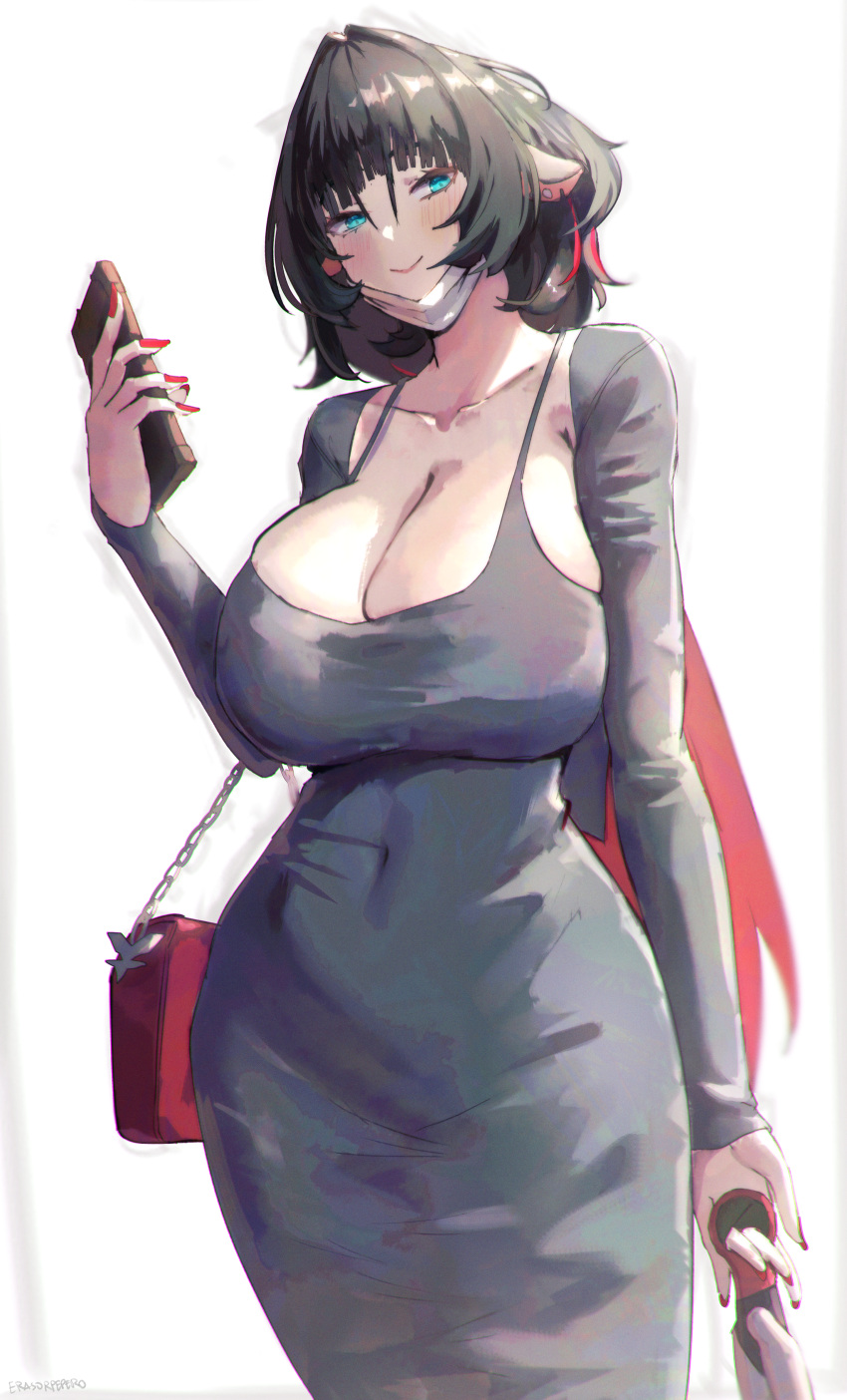 absurdres alternate_costume animal_ears black_hair breasts cellphone cleavage collarbone commentary covered_navel cropped_jacket dongtan_dress dress english_commentary erasorpepero female fingernails grey_dress grey_jacket hair_intakes highres holding holding_phone huge_breasts jacket jane_doe_(zenless_zone_zero) looking_at_viewer mask mask_pull meme_attire mouse_ears mouth_mask multicolored_hair nail_polish phone red_hair simple_background sleeveless sleeveless_dress solo taut_clothes taut_dress two-tone_hair white_background white_mask zenless_zone_zero