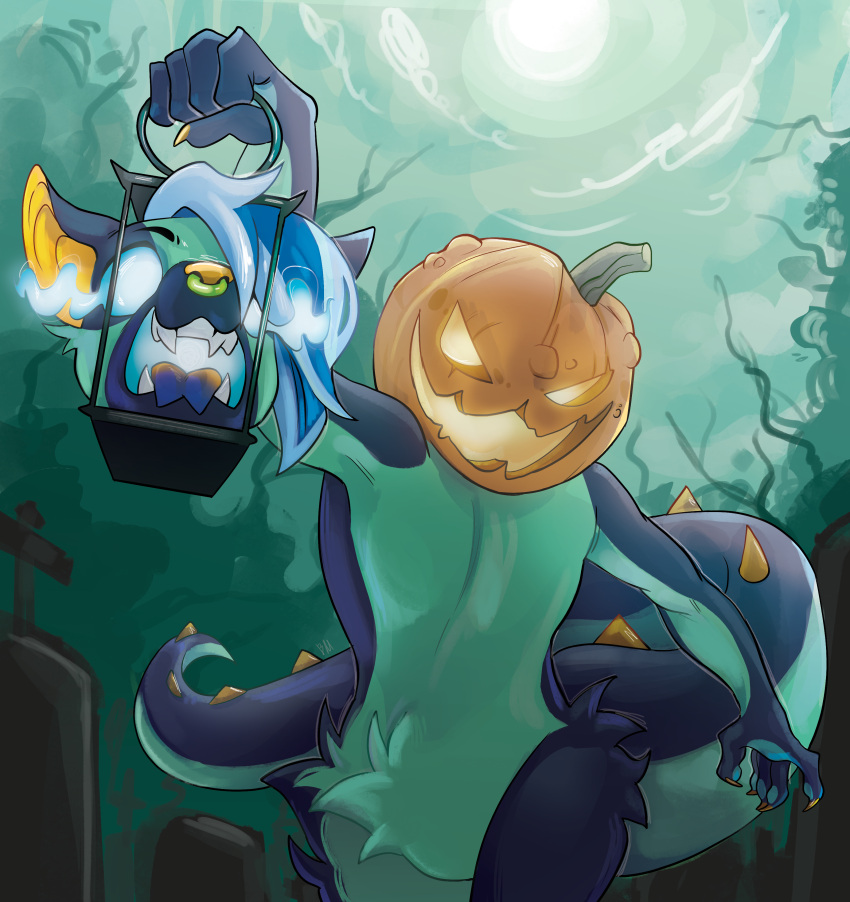 2024 absurd_res anthro bean-muffin blue_hair cemetery chimera countershading crotch_tuft detachable detachable_head dullahan european_mythology facial_piercing fangs forked_tongue glowing glowing_eyes grey_body grey_countershading hair halloween hearth_taxel hi_res holding_lantern holding_object holidays irish_mythology jack-o'-lantern lamp lantern looking_at_viewer male modular multicolored_hair mythology nose_piercing nose_ring open_mouth outside piercing purple_body ring_piercing solo teeth tongue tuft