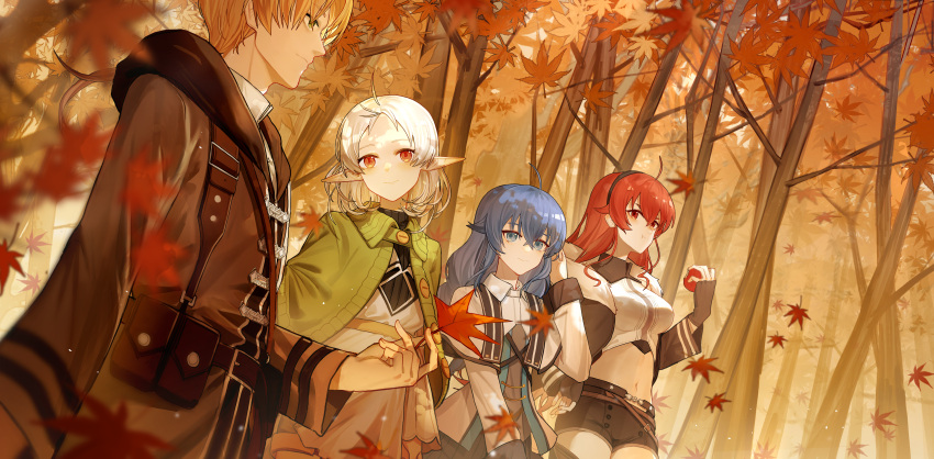 1boy 3girls :t absurdres ahoge autumn_leaves belt_pouch black_hairband blonde_hair blue_eyes blue_hair blurry blurry_foreground brown_coat brown_shorts capelet chewing coat collared_shirt commentary_request crop_top crossed_bangs eating elf eris_greyrat falling_leaves fingerless_gloves food forest fruit gloves green_capelet green_eyes hair_between_eyes hairband highres holding holding_food holding_fruit holding_leaf husband_and_wives leaf long_hair looking_at_another medium_hair multiple_girls mushoku_tensei nature navel orange_eyes outdoors pointy_ears pouch red_eyes red_hair roxy_migurdia rudeus_greyrat shirt shorts sleeves_past_wrists sylphiette_(mushoku_tensei) tree white_hair yisjhui