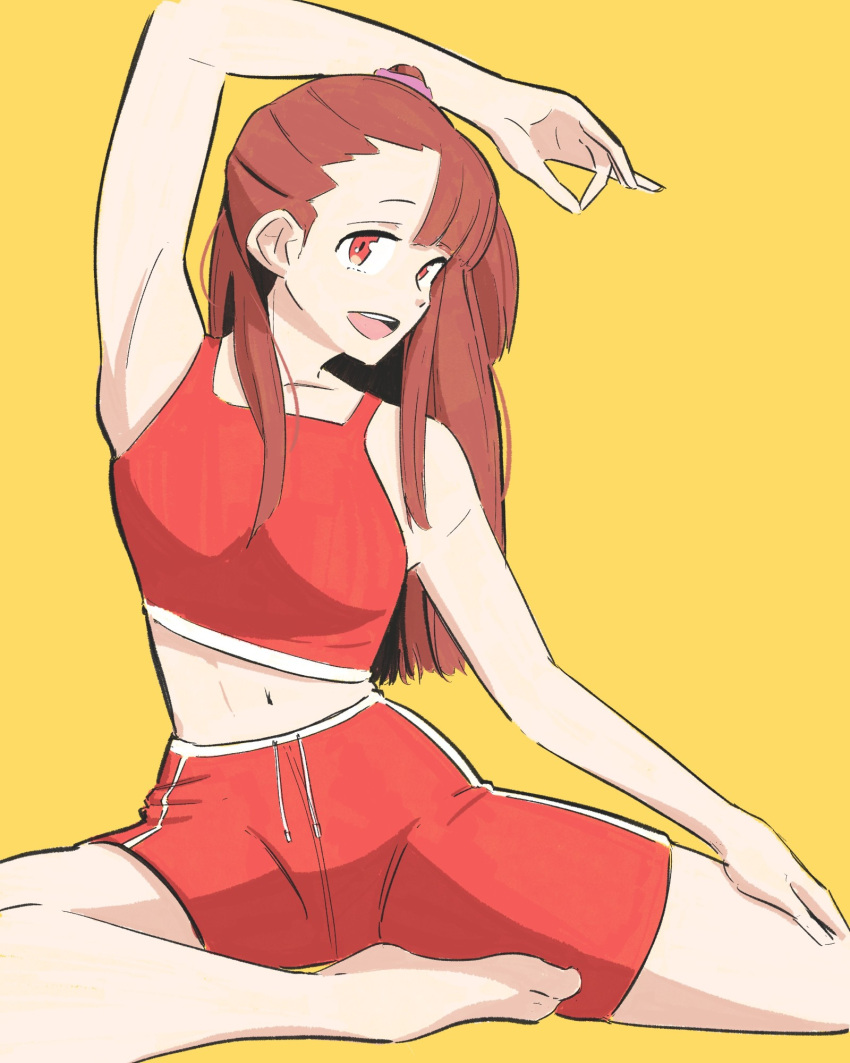 bare_shoulders barefoot brown_hair crop_top female highres kagari_atsuko long_hair looking_at_viewer midriff navel open_mouth ponytail red_eyes shorts simple_background single_bare_foot smile solo stretching yu_kiyo_enjoyer