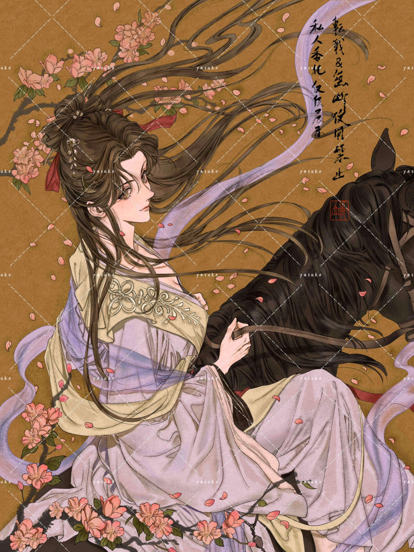 black_horse branch breasts brown_eyes brown_hair cherry_blossoms chinese_clothes cleavage copyright_request falling_petals female floating_hair flower from_above hagoromo hanfu highres horseback_riding koyasuyasuko12 long_hair long_sleeves looking_at_viewer looking_back petals pink_flower purple_hanfu riding shawl sitting solo wide_sleeves zhijupao zhongguo_hua