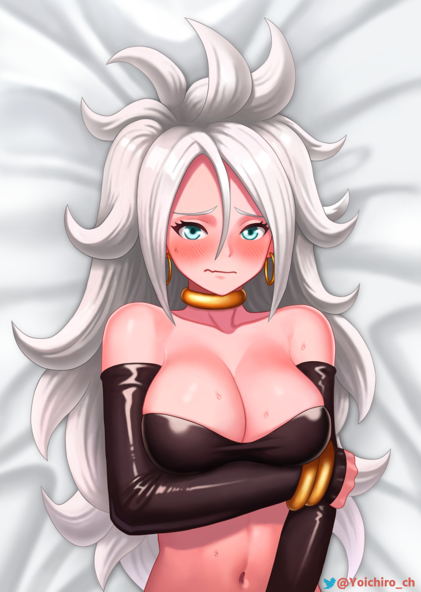 android_21 bare_shoulders black_gloves black_tube_top blue_eyes blush breasts choker cleavage collarbone colored_skin commentary_request dragon_ball dragon_ball_fighterz earrings elbow_gloves embarrassed female gloves hair_between_eyes highres hoop_earrings jewelry large_breasts light_persona long_hair lying majin_android_21 navel on_back pink_skin solo spiked_hair strapless sweatdrop tube_top twitter_username upper_body wavy_mouth white_hair yellow_choker yoichiro_ch