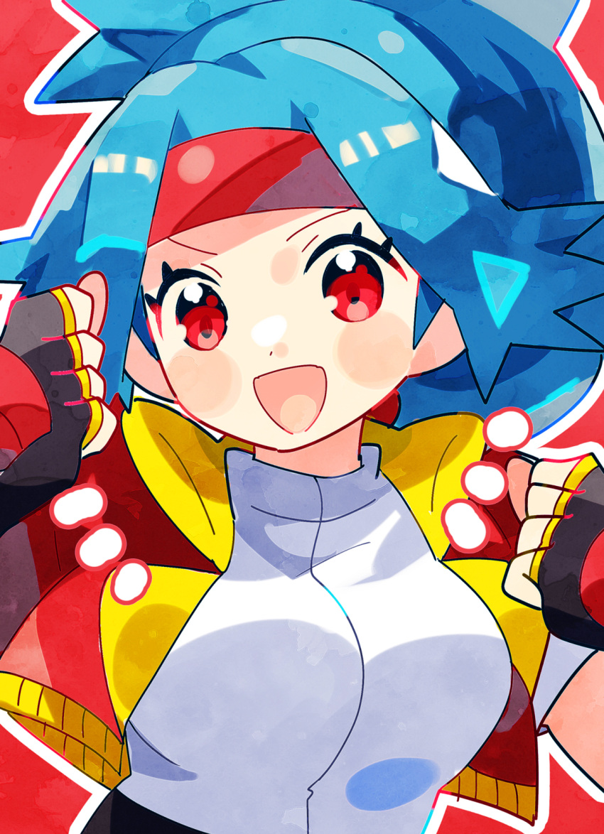 :d anidler91 arms_up blue_hair breasts clenched_hand commentary_request dot_nose female headband highres large_breasts looking_at_viewer open_mouth pokemon pokemon_ranger ponytail red_background red_eyes red_headband simple_background smile solana_(pokemon) solo upper_body