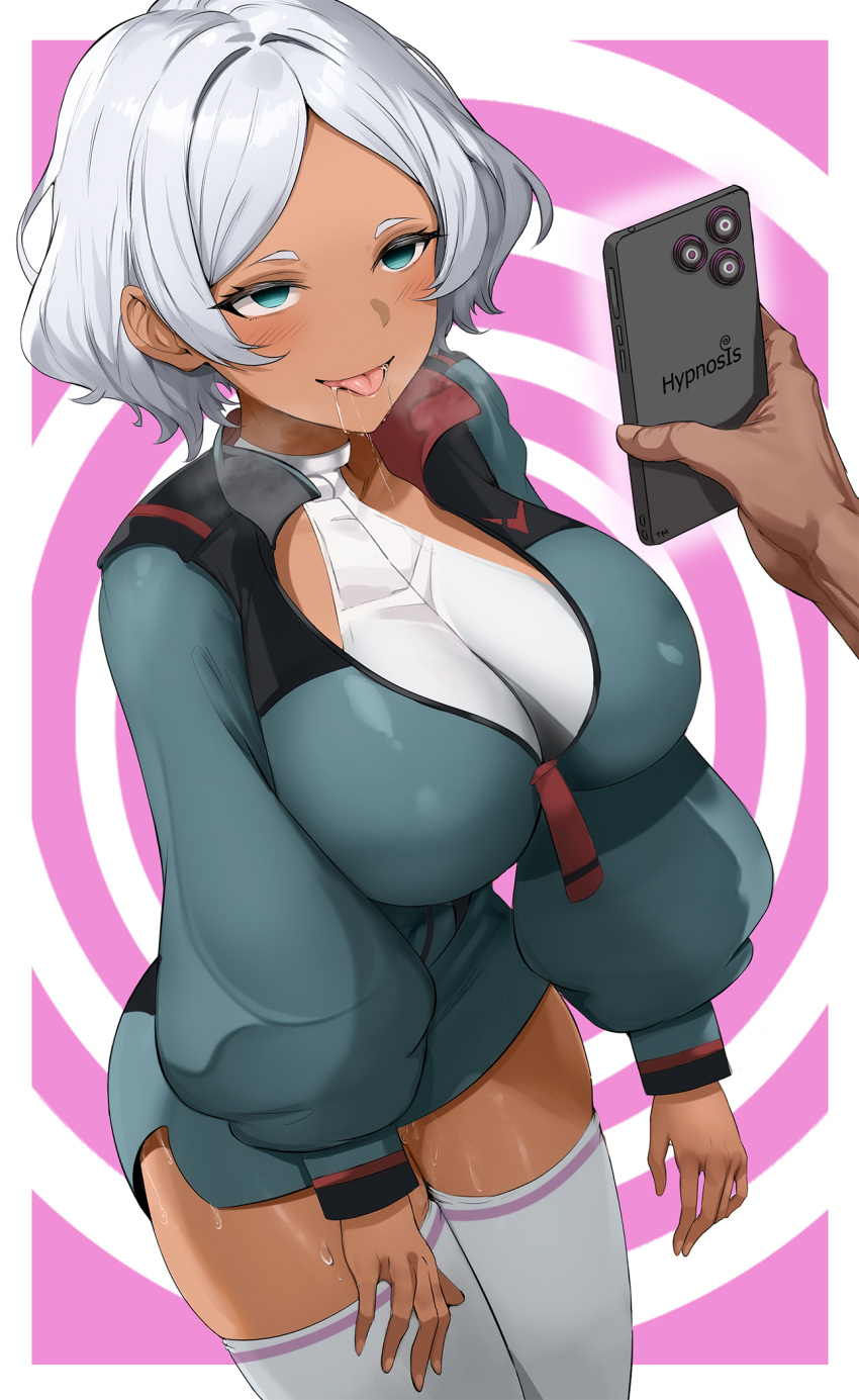 1boy asticassia_school_uniform blue_eyes blue_jacket blue_shorts breasts cellphone dark-skinned_female dark_skin english_commentary female grey_hair gundam gundam_suisei_no_majo halterneck highres hypnosis jacket large_breasts leotard long_sleeves looking_at_phone mind_control open_mouth parted_bangs partially_unzipped phone saliva saliva_drip school_uniform secelia_dote short_hair short_shorts shorts shoulder_boards simple_background smartphone solo_focus spiral_background sweat t3x thighhighs tongue tongue_out white_leotard white_thighhighs