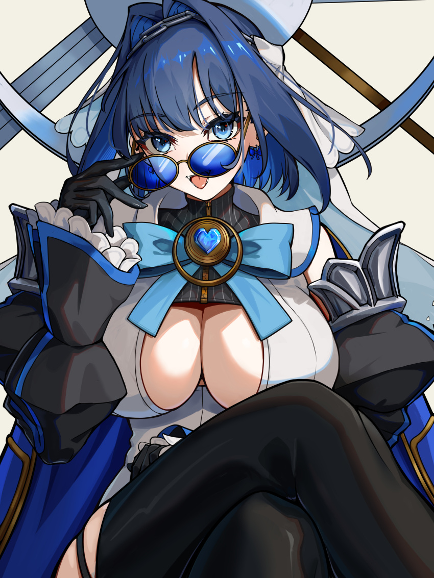 :p absurdres adjusting_eyewear black_gloves black_shirt black_sleeves black_thighhighs blue-tinted_eyewear blue_cape blue_eyes blue_gemstone blue_hair bow bow_earrings breasts cape chain_headband chains clothing_cutout cropped_shirt crossed_legs detached_sleeves earrings feet_out_of_frame female frilled_sleeves frills gem gloves h4kuuua_0 hair_between_eyes hair_intakes halo hand_on_eyewear hashtag-only_commentary heart-shaped_gem highres hololive hololive_english jewelry large_breasts looking_at_viewer looking_over_eyewear mechanical_halo open_mouth ouro_kronii ouro_kronii_(1st_costume) pinstripe_pattern pinstripe_shirt sailor_collar shirt short_hair simple_background sitting smile solo sunglasses thighhighs tinted_eyewear tongue tongue_out underboob_cutout veil virtual_youtuber white_background white_sailor_collar white_shirt white_veil yellow-framed_eyewear