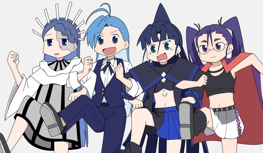 4girls ado_(utaite) ahoge black_footwear black_leg_warmers black_shirt black_skirt black_tank_top blue_eyes blue_hair blue_pants blue_ribbon blue_skirt blue_vest boots braid braided_bangs closed_mouth collared_shirt dress gira-gira-chan_(ado) gira_gira glasses grey_background grey_dress hair_between_eyes highres hyadain_no_joujou_yuujou jacket jacket_on_shoulders leg_warmers locked_arms long_hair long_sleeves merry_(ado) multiple_girls naima_(ado) navel neck_ribbon nichijou nori_(norinori_yrl) odo-chan_(ado) odo_(song) oerba_yun_fang open_clothes open_mouth open_shirt pants parody pleated_skirt ponytail purple_eyes purple_hair purple_jacket readymade_(ado) ribbon semi-rimless_eyewear shirt simple_background skin_fang skirt sleeves_past_elbows standing standing_on_one_leg stomach tank_top twintails two-tone_skirt under-rim_eyewear usseewa very_long_hair vest white_shirt white_skirt