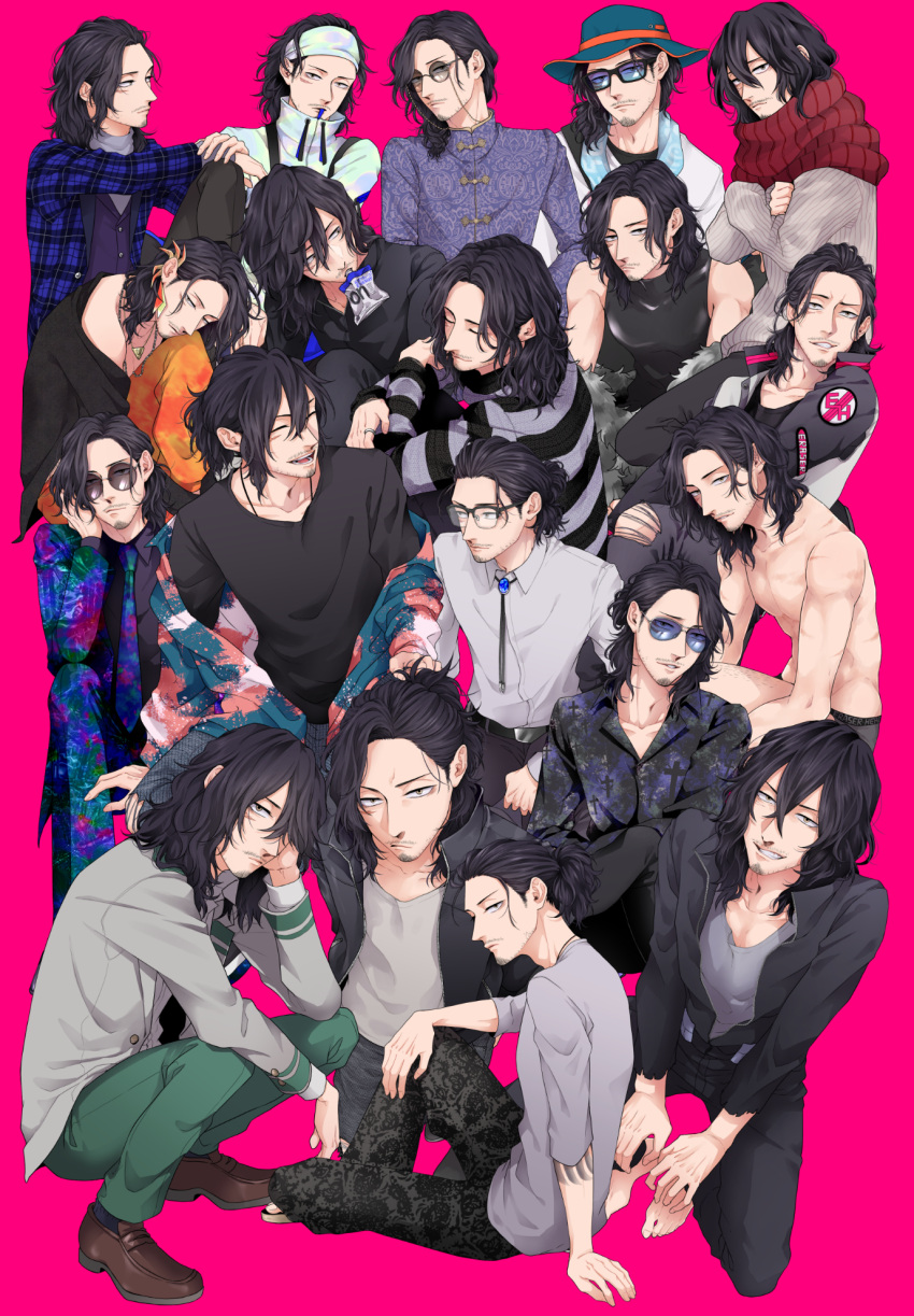 6+boys belt black_belt black_hair black_pants blue-tinted_eyewear blue_gemstone blue_jacket boku_no_hero_academia changpao chinese_clothes collarbone commentary_request crossed_arms drawstring eraser_head_(boku_no_hero_academia) eyewear_strap facial_hair gem goatee_stubble green_pants grey_eyes grey_jacket grey_shirt grin hairband hat highres horizontal-striped_clothes jacket jewelry juice_box kirisame11_8 male_focus medium_hair multiple_boys multiple_views mustache_stubble necklace open_clothes open_jacket orange_pants pants parted_lips pink_background plaid_clothes plaid_jacket print_jacket print_pants red_scarf round_eyewear scar scar_on_face scarf school_uniform shirt simple_background smile squatting striped_clothes striped_sweater stubble sunglasses sweater teeth tinted_eyewear u.a._school_uniform vest white_hairband white_jacket