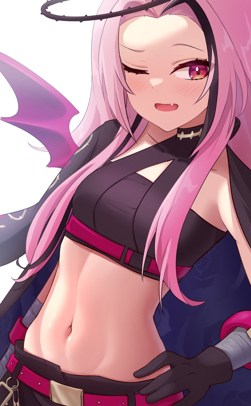 blush breasts demon_wings female halo hand_on_own_hip highres jacket jacket_on_shoulders linea_alba long_hair looking_at_viewer navel nijisanji nijisanji_en oerba_yun_fang one_eye_closed open_mouth pink_hair plant red_eyes rosemi_lovelock rosemi_lovelock_(4th_costume) simple_background small_breasts solo stomach stomach_day telomere thorns vines virtual_youtuber white_background wings