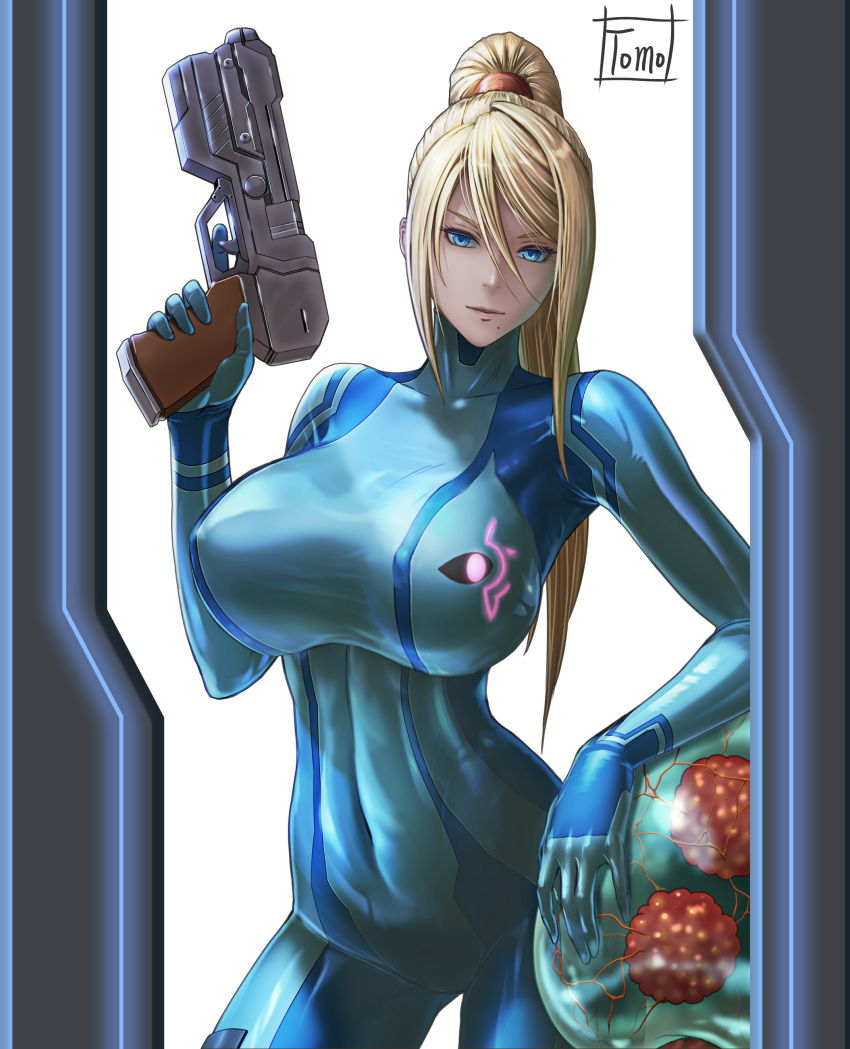 absurdres alien artist_name blonde_hair blue_bodysuit blue_eyes bodysuit breasts closed_mouth commentary_request covered_collarbone covered_navel covered_nipples female gun hair_between_eyes hair_tie hand_up handgun high_ponytail highres holding holding_gun holding_weapon holster huge_breasts lips long_hair long_sleeves looking_at_viewer metroid metroid_(creature) mole mole_under_mouth morph_ball open_door paralyzer ponytail samus_aran shiny_clothes sidelocks signature skin_tight tomo_eokaiteru trigger_discipline turtleneck weapon white_background zero_suit