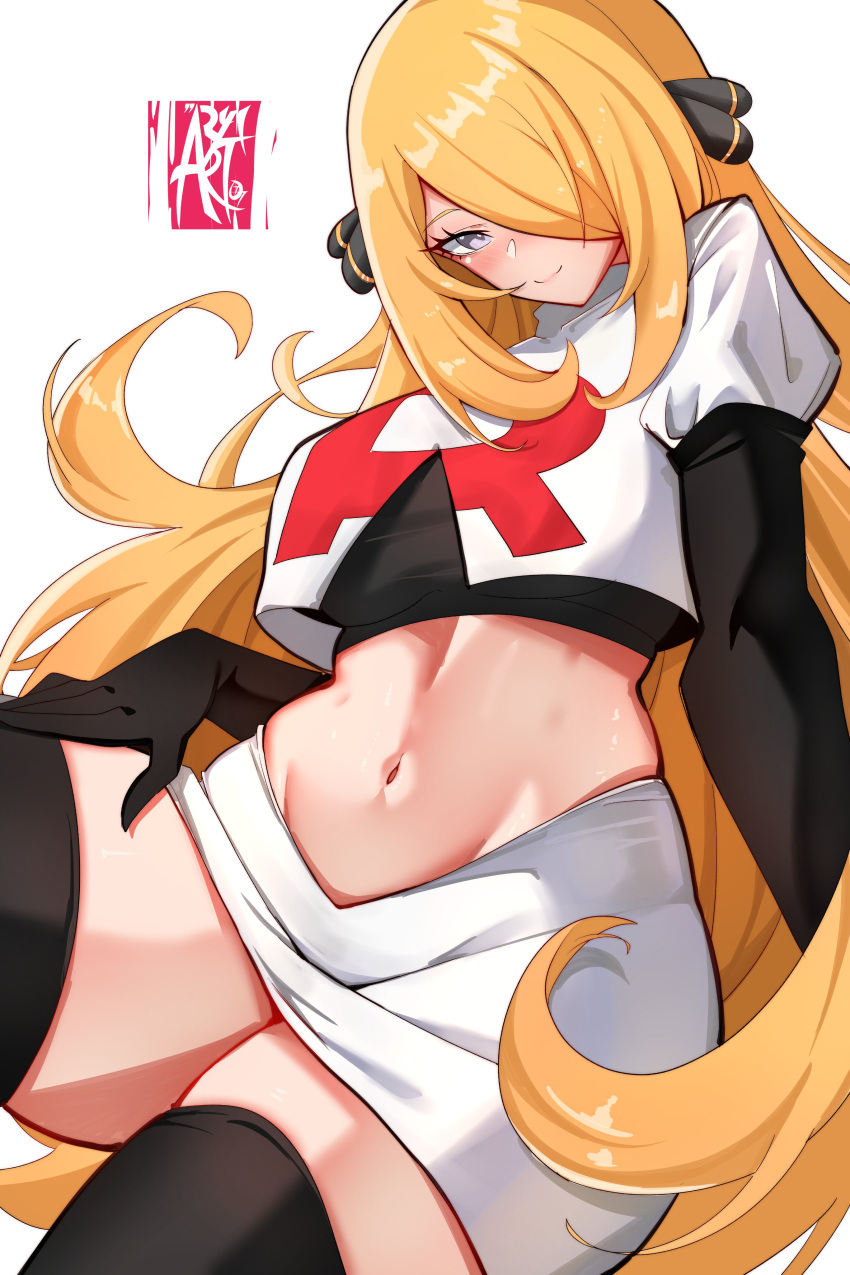 absurdres aryi077 black_shirt black_thighhighs blonde_hair breasts cowboy_shot cropped_shirt cynthia_(pokemon) female hair_over_one_eye highres large_breasts long_hair navel pokemon pokemon_dppt shirt simple_background skirt solo team_rocket team_rocket_uniform thighhighs thighs white_background white_shirt white_skirt