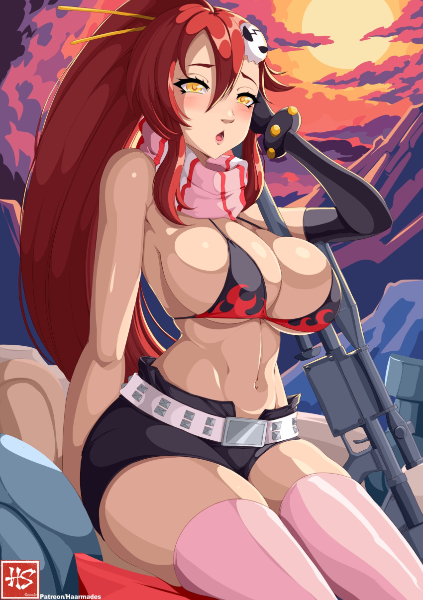 absurdres anti-materiel_rifle belt bikini bikini_top_only bracelet breasts canyon elbow_gloves female flame_print gloves gun haarmades hair_ornament hair_stick highres jewelry large_breasts long_hair looking_at_viewer no_shirt pink_thighhighs ponytail red_hair rifle scarf short_shorts shorts sitting skull_hair_ornament sniper_rifle solo striped_clothes striped_scarf studded_belt studded_bracelet swimsuit tengen_toppa_gurren_lagann thighhighs weapon yellow_eyes yoko_littner