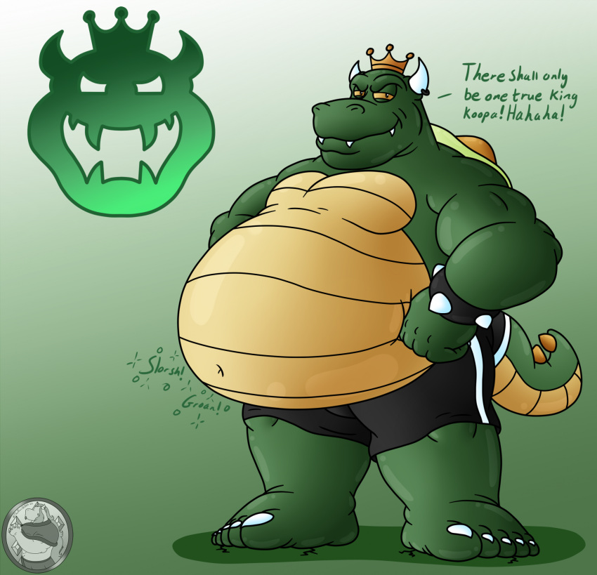 2022 anthro belly big_belly bottomwear bracelet clothing cracked_ground crown dialogue english_text furgonomics furry-specific_piercing green_body hands_on_hips headgear hi_res horn horn_piercing jewelry king_koopa koopa male mario_bros nintendo obese obese_anthro obese_male overweight overweight_anthro overweight_male piercing reptile rumbling_stomach scalie shell shorts simple_background sld64 solo sound_effects spiked_bracelet spikes symbol tail text thick_feet thick_thighs yellow_eyes