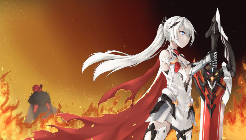 2girls absurdres bare_shoulders blue_eyes cape fiery_background fire highres holding holding_sword holding_weapon honkai_(series) honkai_impact_3rd kiana_kaslana kiana_kaslana_(herrscher_of_flamescion) long_hair multiple_girls murata_himeko murata_himeko_(vermillion_knight) ponytail red_hair sword sych1590 teacher_and_student weapon white_hair