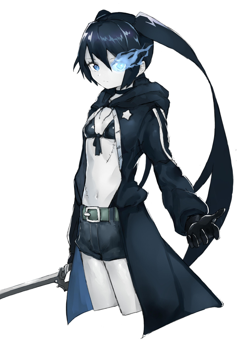 absurdres belt bikini black_choker black_coat black_gloves black_hair black_rock_shooter black_rock_shooter_(character) black_shorts blue_eyes blue_fire choker coat female fire flaming_eye gloves glowing glowing_eye highres long_hair no_shirt open_clothes open_coat pale_skin ryou_(ponpgo) scar shorts simple_background solo swimsuit sword twintails uneven_twintails weapon white_background