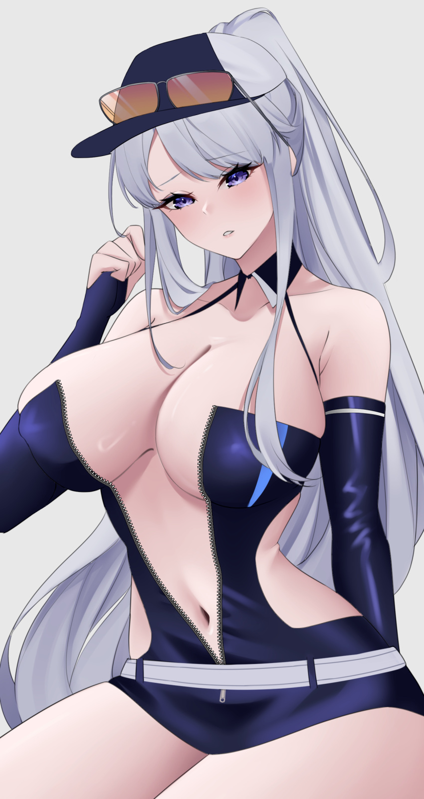 absurdres aviator_sunglasses azur_lane bare_shoulders baseball_cap belt breasts center_opening cleavage collarbone detached_sleeves dress enterprise_(azur_lane) enterprise_(wind_catcher)_(azur_lane) female grey_hair hair_through_headwear halterneck hat highres large_breasts long_hair looking_at_viewer nanako94418108 navel official_alternate_costume ponytail purple_eyes race_queen simple_background sleeveless sleeveless_dress solo sunglasses tinted_eyewear unzipped very_long_hair white_belt