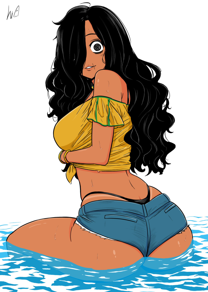 @_@ absurdres alternate_skin_color ass backless_bikini_bottom bikini bikini_tan bikini_under_clothes black_hair brazilian_miku brazilian_miku_(cosplay) brazilian_sadako breasts brown_lips commentary cosplay dark-skinned_female dark_skin denim denim_shorts english_commentary feet_out_of_frame female from_behind hair_over_one_eye hatsune_miku highres large_breasts long_hair looking_at_viewer looking_back lughost off_shoulder partially_submerged poolside scar scar_on_face scar_on_mouth shirt short_shorts shorts sitting solo swimsuit tan tanline_peek tanlines the_ring underbutt variant_set vocaloid water wavy_hair wet wet_clothes wet_shirt whale_tail_(clothing) yamamura_sadako