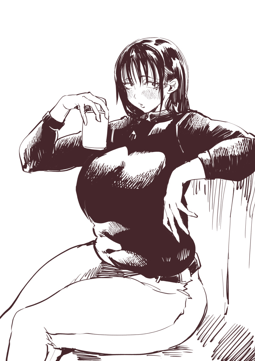 absurdres agawa_sensei_(strikeout_pitch) arm_rest belt blush breasts bright_pupils can comic_hand commentary drink_can female greyscale hand_up hatching hatching_(texture) highres holding holding_can large_breasts long_sleeves looking_at_viewer mole mole_under_eye monochrome pants parted_lips plump sanpaku simple_background sitting solo strikeout_pitch sweater sweater_tucked_in thick_thighs thighs white_background