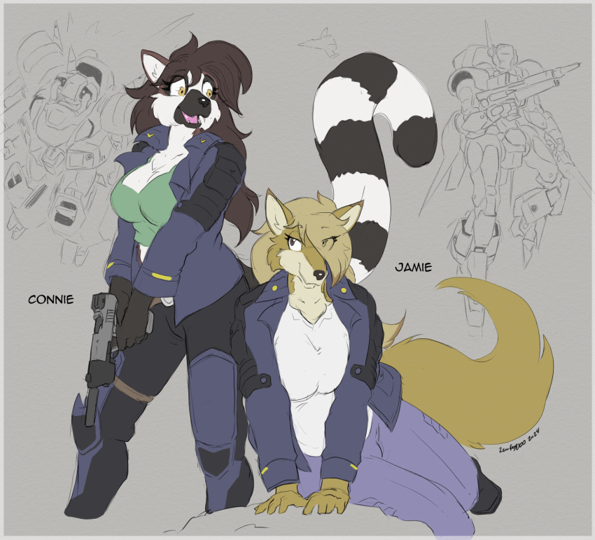 2024 anthro big_breasts black_body black_fur blonde_hair blue_bottomwear blue_clothing blue_jacket blue_pants blue_topwear bottomwear breasts brown_body brown_fur brown_hair canid canine canis clothed clothed_anthro clothed_female clothing connie_(zerofox1000) dingo duo english_text eye_through_hair female fluffy fluffy_tail fur green_clothing green_topwear gun hair handgun hi_res holding_gun holding_handgun holding_object holding_pistol holding_ranged_weapon holding_weapon jacket jamie_(zerofox1000) lemur long_hair machine mammal mecha multicolored_body multicolored_fur pants pistol primate ranged_weapon shirt strepsirrhine tail text topwear translucent translucent_hair trigger_discipline weapon white_body white_clothing white_fur white_shirt white_topwear yellow_body yellow_eyes yellow_fur zerofox1000